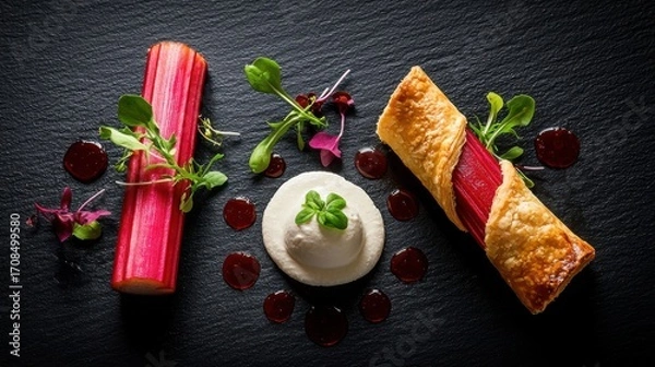 Fototapeta Deconstructed rhubarb tart with pink rhubarb cylinder, vanilla cream quenelle and golden puff pastry on black slate with microgreens and reduction dots