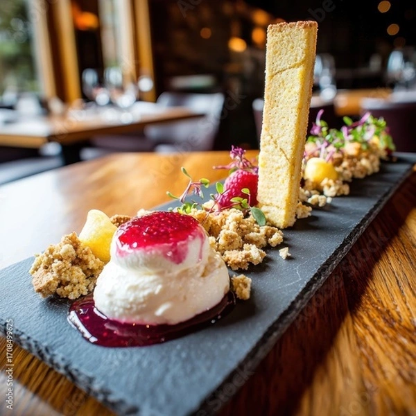 Fototapeta Deconstructed cheesecake dessert with golden tuile wafer, cream quenelle and berry coulis artistically plated on slate board in fine dining restaurant