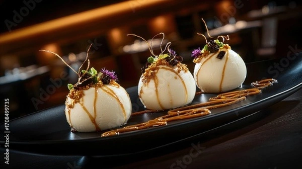 Fototapeta Elegant vanilla bean panna cotta spheres with caramel sauce and purple microgreens on black slate plate in fine dining restaurant presentation