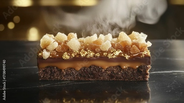 Fototapeta Gourmet chocolate toffee dessert bar with crystallized sugar crystals, gold leaf garnish and caramel drizzle on dark slate surface in elegant restaurant plating
