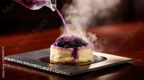 Fototapeta Hot blueberry compote being poured from crystal pitcher onto layered vanilla soufflé with steam rising and fresh berries, served on slate plate in elegant restaurant