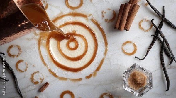 Fototapeta Professional caramel drizzle technique creating perfect concentric circles on crème brûlée dessert with copper pouring spoon, vanilla beans, cinnamon sticks on white marble