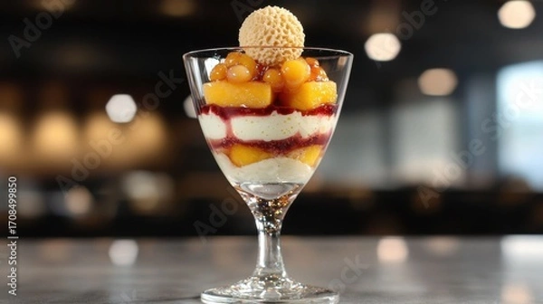 Fototapeta Elegant layered fruit parfait with peach segments and cream in crystal martini glass topped with decorative wafer cookie against restaurant bokeh background