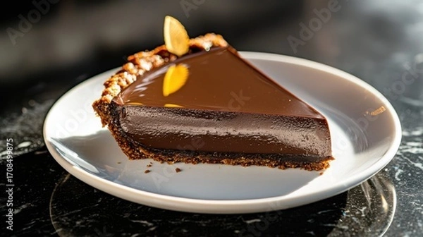 Fototapeta Decadent chocolate tart slice with glossy ganache layer and candied orange garnish on white porcelain plate against elegant black marble surface