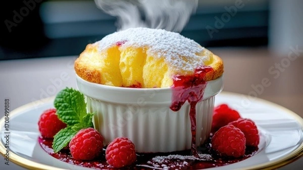 Fototapeta Golden lemon soufflé with powdered sugar dusting and raspberry coulis dripping from white ceramic ramekin on elegant dining plate with fresh berries