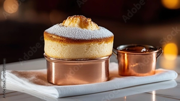 Fototapeta Gourmet soufflé dessert rising perfectly in elegant copper ramekin with powdered sugar dusting and sauce pot in upscale restaurant setting