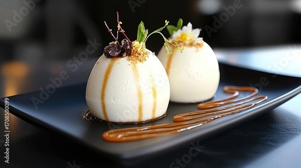 Fototapeta Elegant white panna cotta domes with caramel sauce drizzle and chocolate garnish on black slate plate modern dessert presentation fine dining restaurant