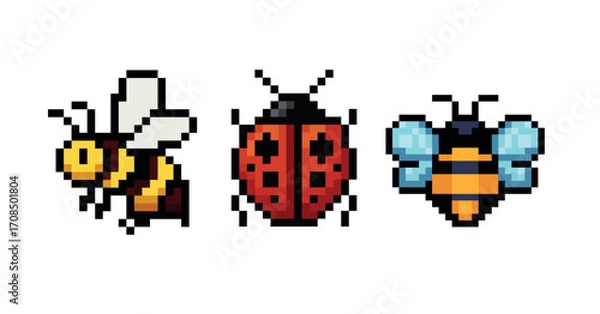 Obraz Pixel art illustration of insects, cute bee, ladybug and bumblebee, retro 8-bit sprite style, cartoon bug set for games and design, isolated on white background
