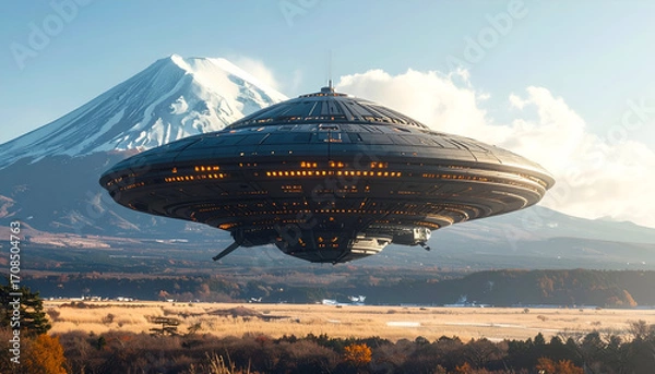 Obraz Alien mothership with intricate metallic patterns hovering above snow-covered Mount Fuji, futuristic sci-fi composition
