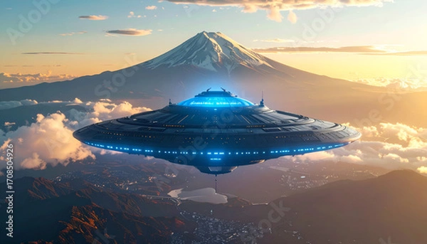 Obraz Giant hovering spaceship with energy core glowing blue, floating above Mount Fuji