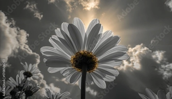 Obraz Close-up of a daisy, sunlit, against a dramatic sky