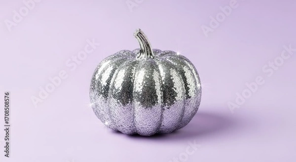 Obraz Sequined silver pumpkin on a light purple background for fall decoration