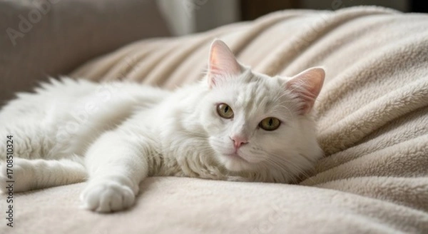 Fototapeta White cat resting on a beige couch