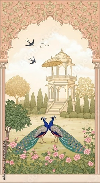 Obraz Indian Palace Garden with Peacocks Pavilion and Birds  Elegant Decorative Illustration