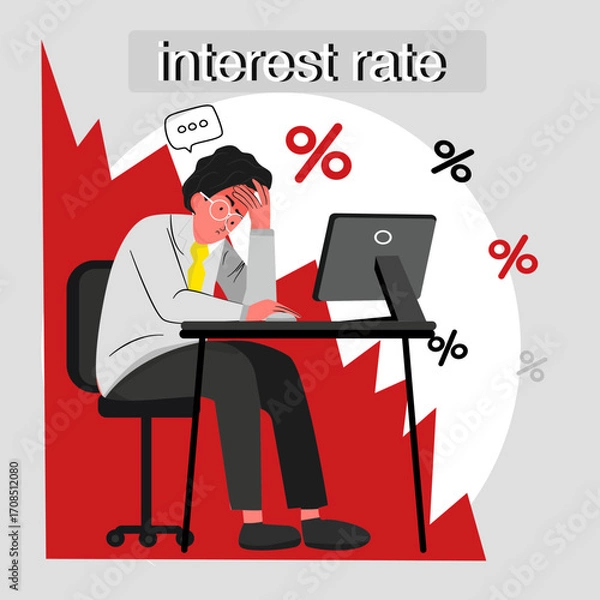 Fototapeta Stressed Businessman and Rising Interest Rates, Vector illustration of a stressed businessman sitting at desk with laptop, worried about rising interest rates, finance crisis concept.