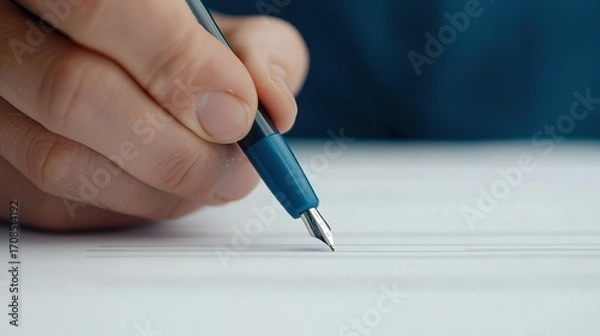 Obraz Overhead shot of a financial document being signed, focus on the pen tip and signature, commitment