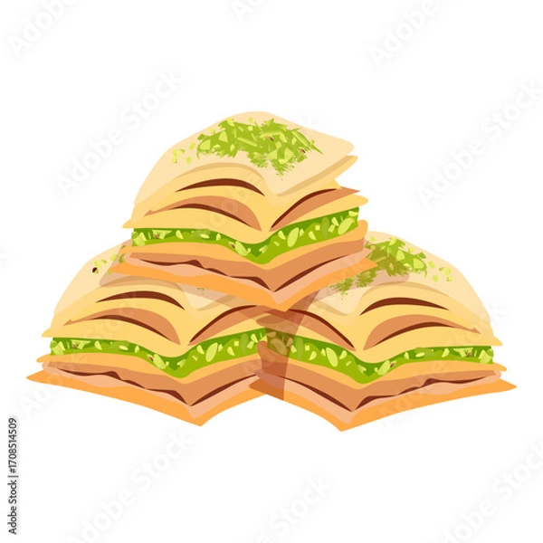 Fototapeta Three square pieces of baklava stacked on top of each other with pistachios, a traditional dessert from Makhrebi cuisine