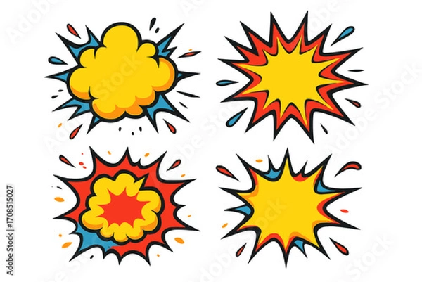 Fototapeta Comic explosions and bombs cartoon set. Pop art vector illustration with bomb and blast, bang and boom effects. Superhero motion burst, flash, splash, and fire.