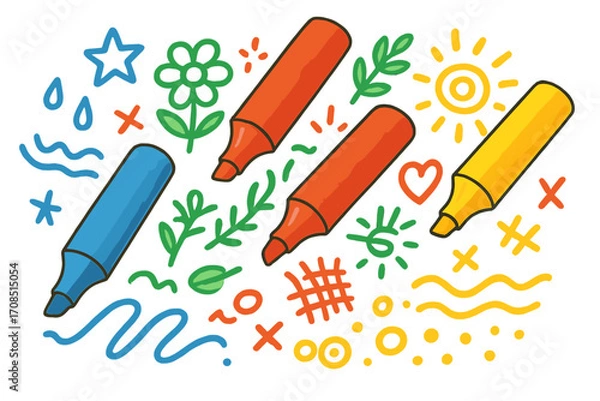 Fototapeta Colorful markers and felt tip pens with creative hand drawn doodles. Art supplies for drawing with symbols like sun, flower, star, and heart. Vector cartoon set for school.
