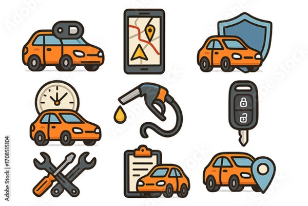 Fototapeta Car rental service icons set for mobility and transport. Vector signs for navigation, security, fuel, and location. Automotive cartoon symbols like key, repair, and contract.