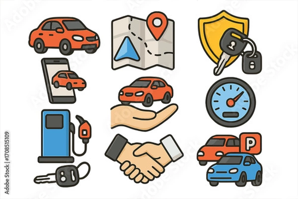 Fototapeta Car rental services icon set. Vector cartoon illustrations for mobility, transport and carsharing. Includes navigation, online booking app, security, insurance, and fuel icons.
