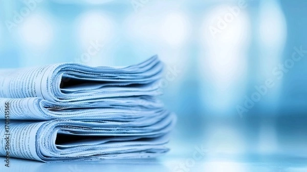 Obraz Overhead shot of a financial news paper spread open, blurred articles, focus on headlines,  