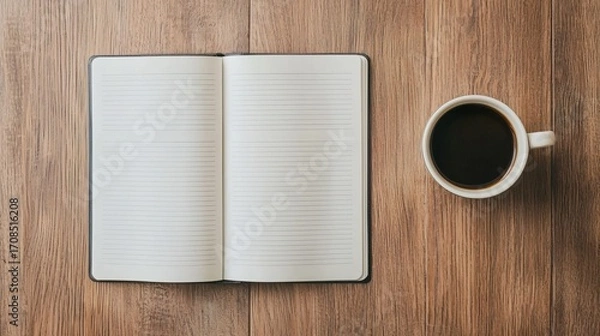 Obraz Overhead shot of a financial planning workbook open to a blank page, beginning new goals, 