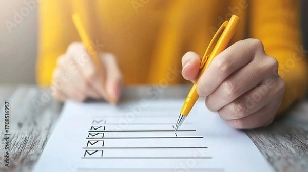 Obraz Overhead shot of a financial risk assessment form, open, checkboxes, careful evaluation 