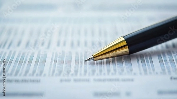 Obraz Overhead shot of a pen highlighting numbers on a financial statement, careful review 