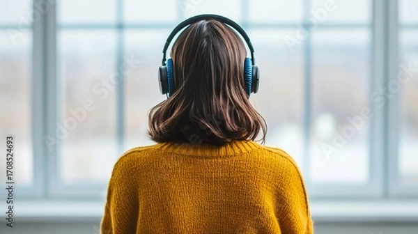 Obraz Person listening to a financial podcast on headphones, learning on the go, audio education 