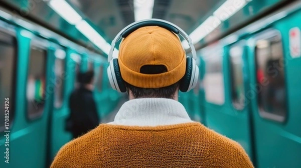 Obraz Person listening to a financial podcast on their commute, learning on the go, educational, 