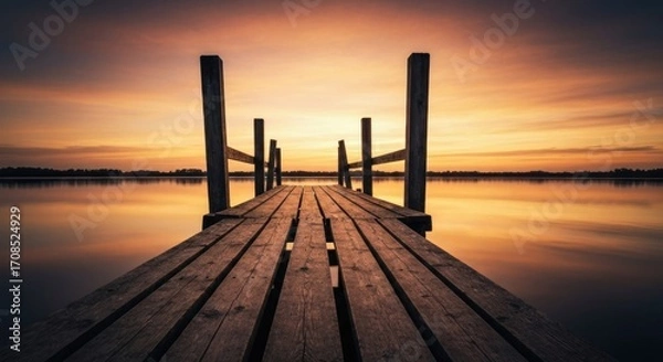 Obraz Wooden pier extending into a calm lake at sunset.  Golden hues paint the sky above a still, reflective water surface.  A weathered wooden walkway leads towards the horizon