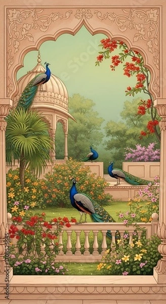 Fototapeta Majestic Peacocks in Lush Garden with Ornate Archway Indian Mughal Style Illustration