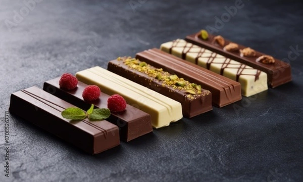 Obraz Assorted chocolate bars in a row on dark stone