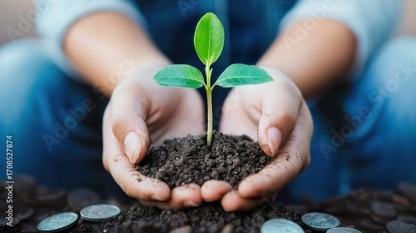 Obraz Person planting a seedling in a pile of coins, symbolizing long-term investment, growth 
