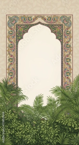 Fototapeta Ornate Islamic Archway Frame with Lush Greenery and Decorative Foliage Background