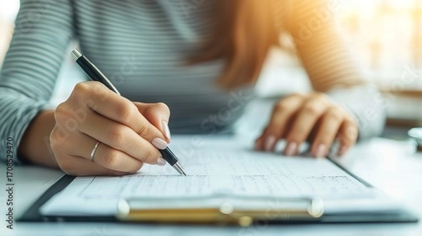 Obraz Person writing notes in a financial planner, organized desk, soft daylight, thoughtful 