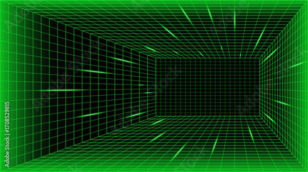 Fototapeta Cyberpunk Grid Room Glowing Line Background. 3D Game Neon Wireframe Space Digital Vector Texture Perspective Tunnel. Retro Futuristic Virtual Techno Landscape. Cyberspace Abstract Matrix VR Wallpaper