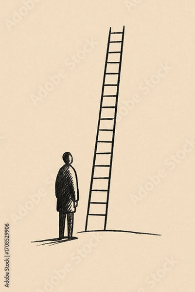 Fototapeta a solitary figure standing at the base of a tall ladder disappearing upward into the sky
