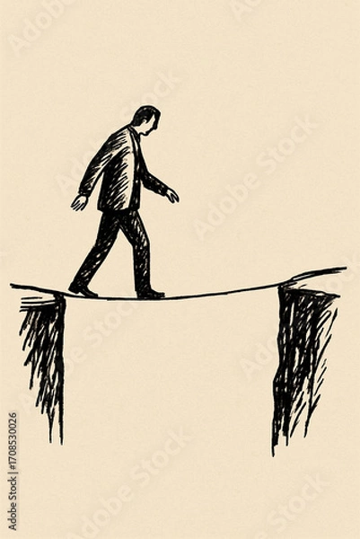 Fototapeta a solitary figure walking along a thin tightrope stretched between two cliffs