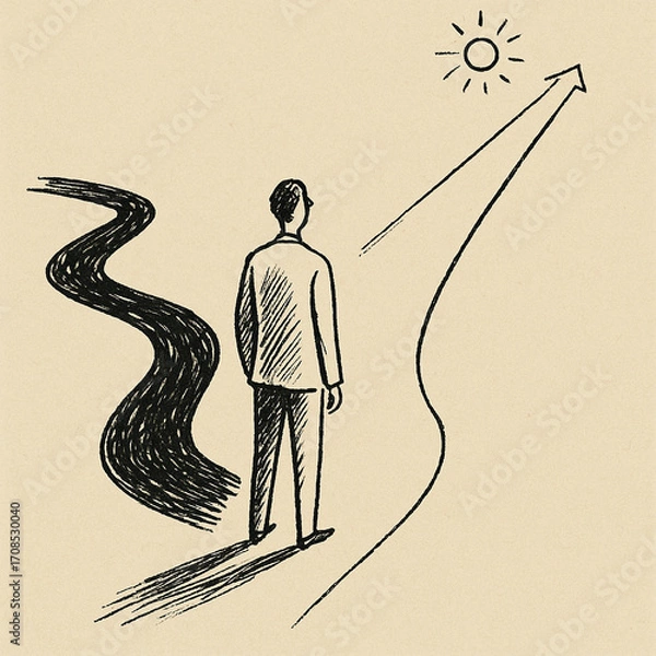 Fototapeta a human figure standing at a crossroads. One path is dark and winding, the other is bright and upward-sloping