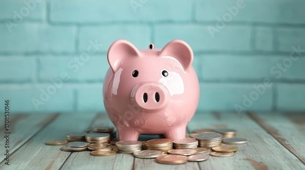 Obraz Piggy bank with overflowing coins and banknotes, symbolizing abundance, prosperity 