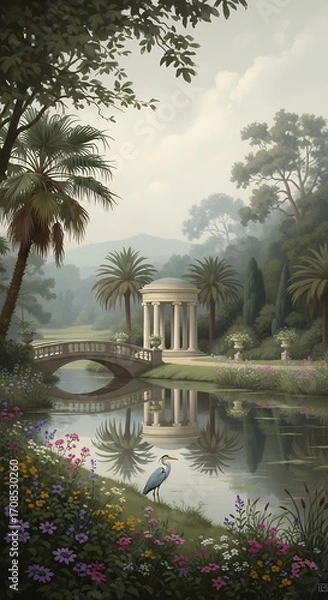 Fototapeta Serene Landscape with Stone Bridge Elegant Pavilion and Lush Greenery Reflecting in Calm Water