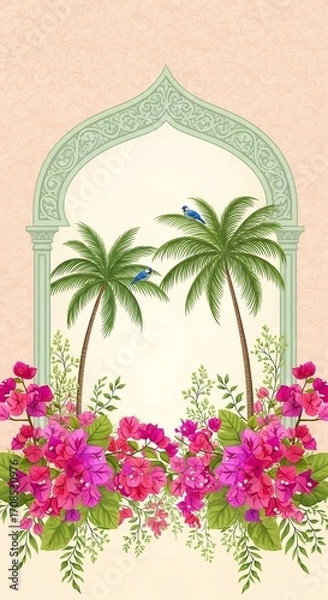 Fototapeta Tropical Paradise View Through Decorative Archway with Palm Trees and Vibrant Bougainvillea Flowers