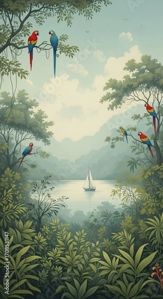 Fototapeta Tropical Rainforest Landscape with Parrots and Sailboat Serene Scene for Travel and Nature Themes