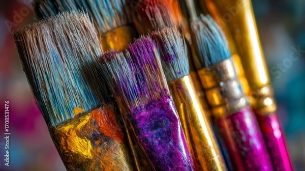 Fototapeta A Close-Up of Vibrantly Colored Paintbrushes Reflecting the Creative Spirit of Artistry and Craftsmanship in Colorful Strokes and Textures