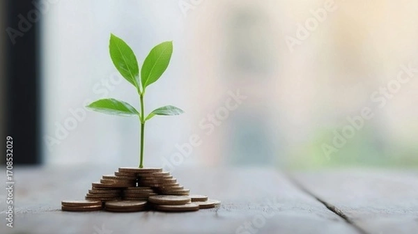 Obraz Small plant sprouting from a pile of coins, symbolizing sustainable investment, green growth,  