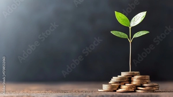Obraz Small plant sprouting from a pile of coins, symbolizing sustainable investment, green growth, 