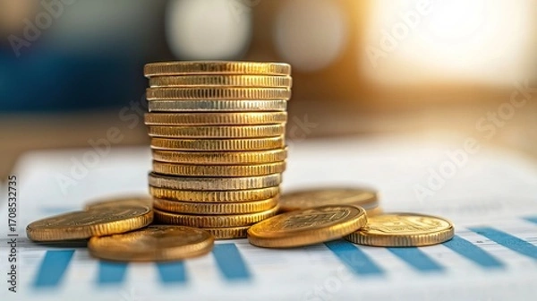 Obraz Stack of ascending coins on a financial document, symbolizing growth, clean, clear,  