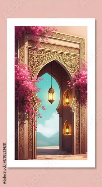 Fototapeta Beautiful Archway with Hanging Lanterns and Bougainvillea Flowers Middle Eastern Architecture